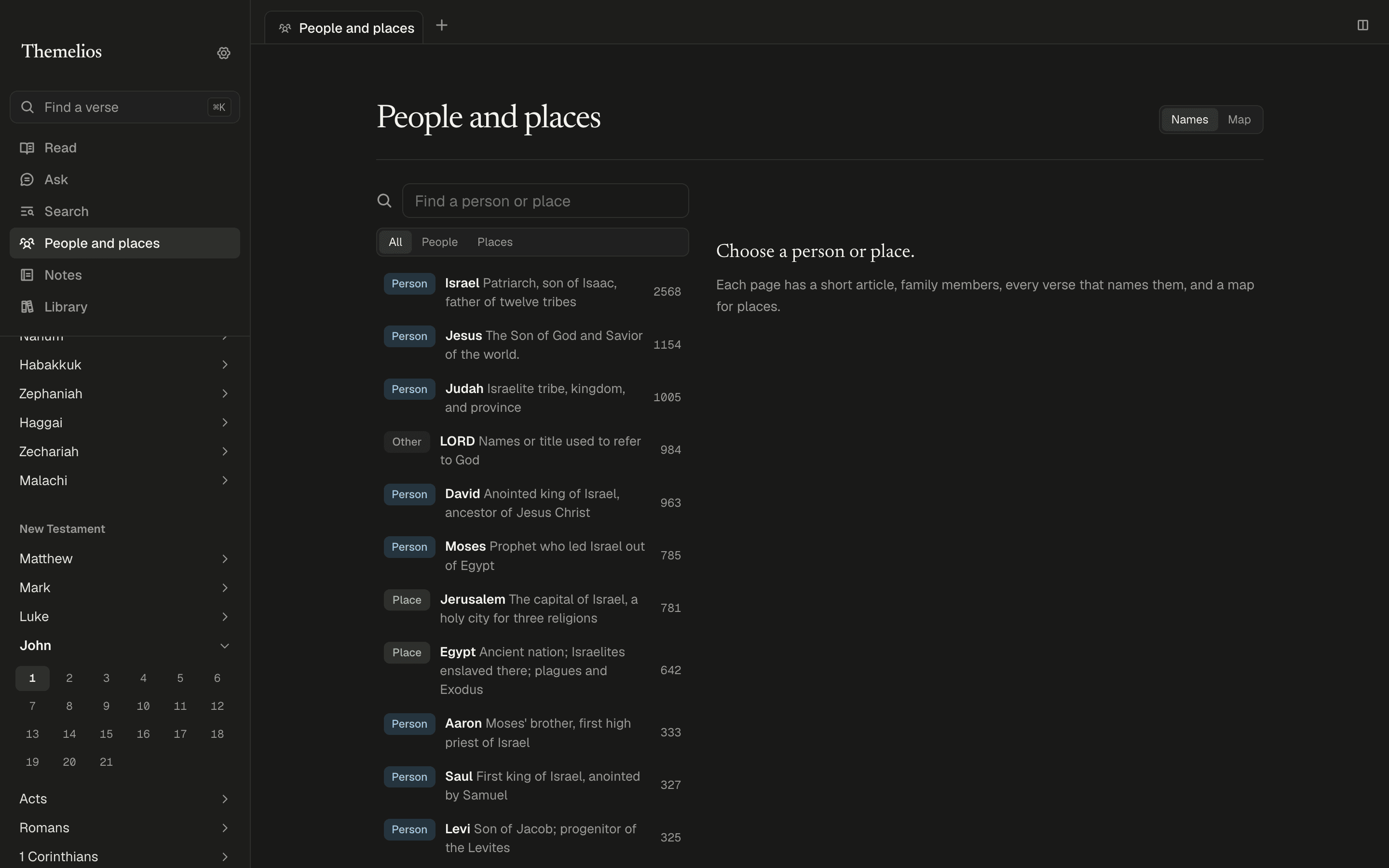 The People and places page, listing Israel, Jesus, Judah, David, Moses, and Jerusalem with the number of verses for each.