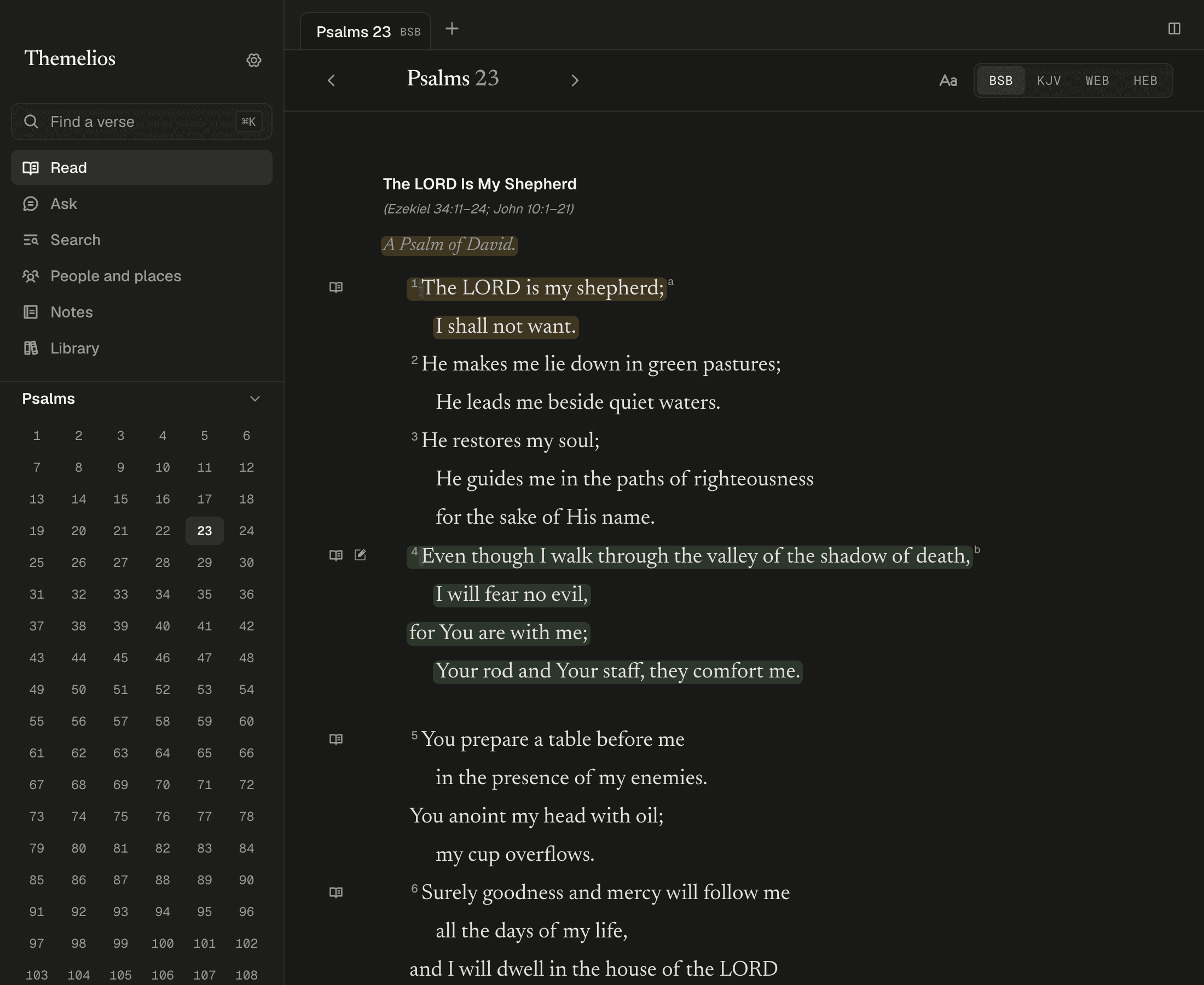 Psalm 23 in the Themelios reader, with poetry lines, a section heading, highlights, and a note.